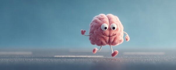 Adorable pink brain with legs smiling and running on a blue background
