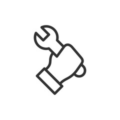 Fototapeta na wymiar Hand holding wrench, linear icon. Repair service and technical assistance. Line with editable stroke.