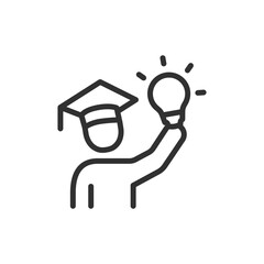 Graduate with raised light bulb, linear icon. Education, innovation, and creative learning idea. Line with editable stroke.