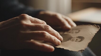 Closeup of hands holding an old worn photograph evoking memories and nostalgia.