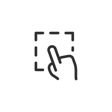Dashed square with hand, linear icon. Manual selection and interactive choice. Line with editable stroke.