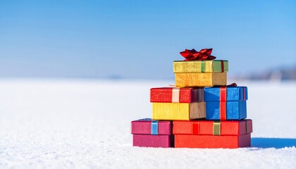 Stack of colorful gift boxes on snow against blue sky