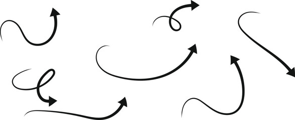 Arrow Vector Set Swirling Curving Pointing Directions Hand Drawn Style Navigation Sign Symbols on transparent background