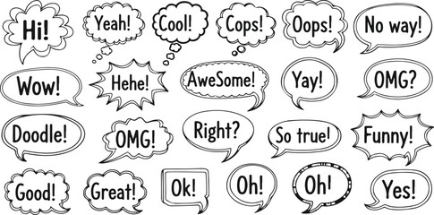 Speech Bubbles Set Hand Drawn Vector Elements Comic Style Dialogue Clouds Text Balloons on transparent background