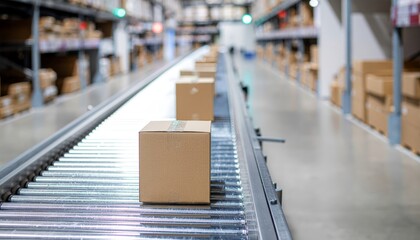 Obraz premium Package moving on conveyor belt in warehouse