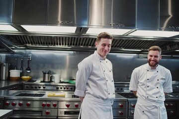 Professional chefs smiling in a modern kitchen during a culinary demonstration at a training facility