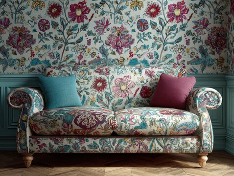 Comfortable couch with colorful floral pattern matching the wallpaper, pillows are blue and burgundy, placed on a wooden floor.