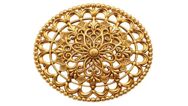 Elegant golden brooch with intricate floral design isolated on transparent background is displayed