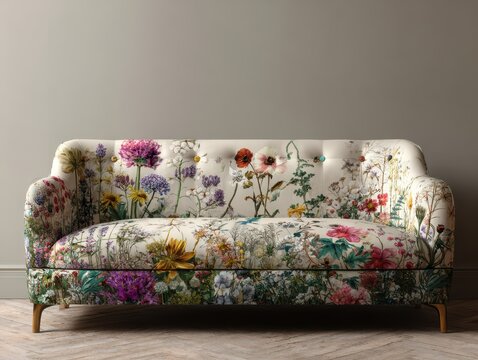 Floral symphony in furniture design: a sofa that brings the essence of a garden indoors, upholstered in a vibrant array of botanical prints.