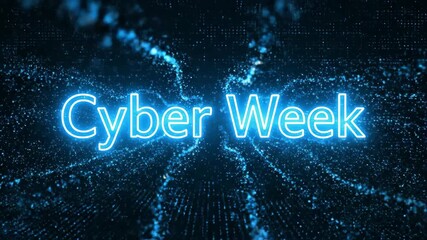 Cyber Week blue neon text display on dark black digital background. Online sale promotion theme for discount event advertisement.