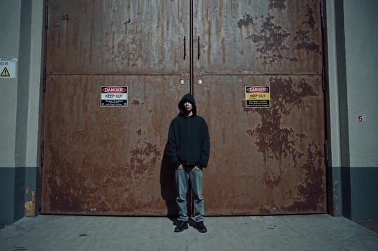 Mysterious figure standing in front of a large rusted metal gate at night