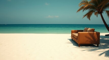 Naklejka premium Tranquil beach scene featuring a cozy couch under a palm tree by the calm turquoise sea on a sunny day
