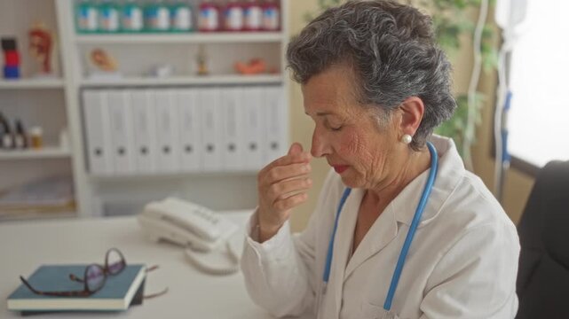 Senior female doctor with grey hair appears tired as she removes glasses in a medical office surrounded by paperwork and shelves of medical supplies.