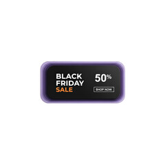 Black friday sale banner with 50 discount and shop now button, isolated on transparent background