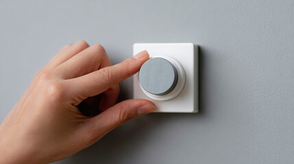 Close-up of hand adjusting modern gray rotary dimmer switch on light gray wall in minimalistic interior setting