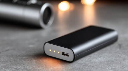 Portable black power bank with LED indicator lights and USB port on gray surface with blurred background