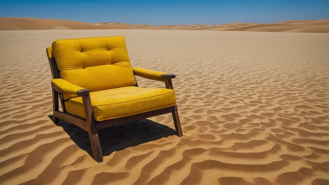 Bright yellow chair sitting alone in a vast sandy desert under a clear blue sky, inviting thoughts on solitude and creativity during a warm afternoon
