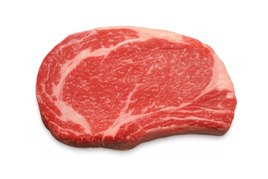 Raw marbled ribeye steak, fresh beef cut, uncooked red meat, premium protein for grilling or roasting, transparent background
