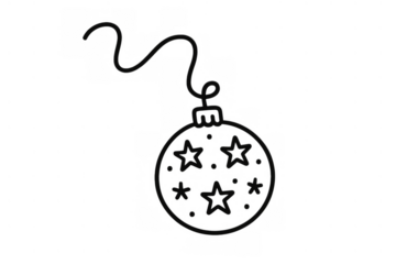 Christmas bauble drawing with dangling string and stars, black and white line art decoration on transparent background