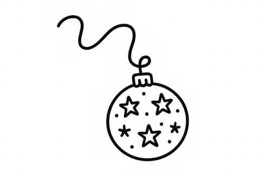 Christmas bauble drawing with dangling string and stars, black and white line art decoration on transparent background