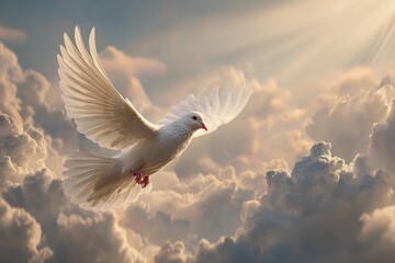 Fototapeta premium Majestic white dove of peace flying in the golden sun rays through fluffy clouds against a heavenly background symbolizing hope freedom and spiritual purity