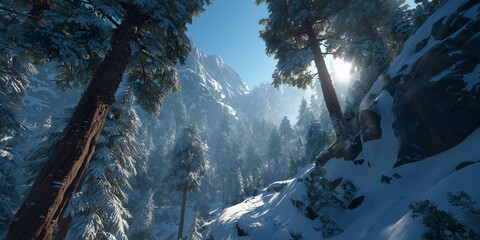 snow covered pine trees