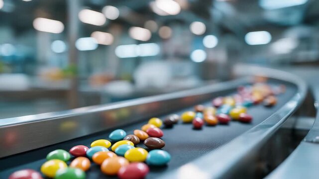 Close-up of conveyor belt carrying colorful candies in a confectionery plant, emotion of precision and efficiency visible, representing large-scale candy manufacturing, quality assurance, and