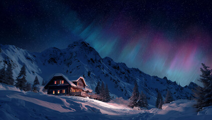 Mountain chalet surrounded by snow under night sky full of stars, northern lights visible, magical atmosphere, high contrast, ultra realistic render