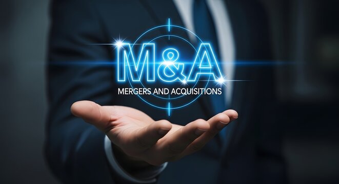 Businessman holding glowing neon sign with ma mergers and acquisitions text, symbolizing business strategy and corporate finance deals