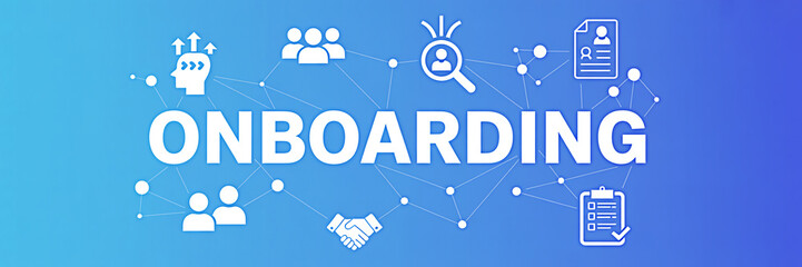 Onboarding process illustration with icons representing teamwork training recruitment and employee development on a blue gradient background for human resources and business concepts