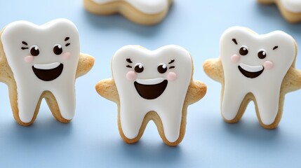 Obraz premium Three tooth-shaped sugar cookies with white frosting and smiling faces sit on a light blue surface. AI.