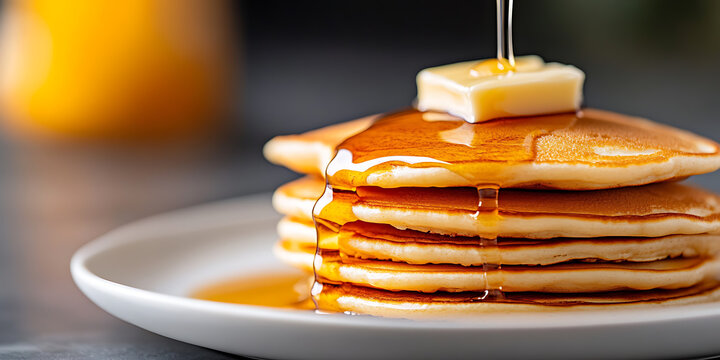 A stack of fluffy pancakes topped with melting butter and glistening syrup, a delicious breakfast treat. Warmth and comfort in every bite! Perfect for a cozy day.