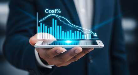 Businessman holding a smartphone displaying a downward trending cost graph with percentage indicator, representing financial loss or cost reduction