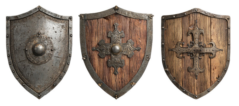 Three medieval shields, one metal, two wooden