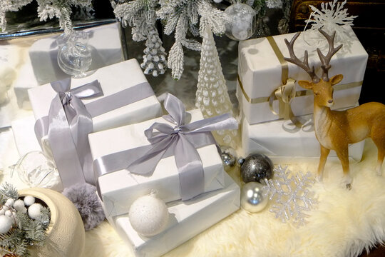 Paris, France, Europe. Holiday gifts wrapped for Christmas.