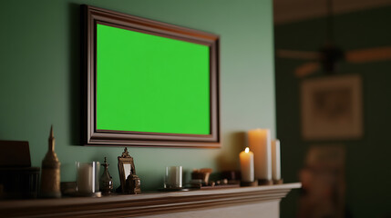 Elegant interior scene features a green screen in a wooden frame above a mantelpiece adorned with candles and decorative items, set against a subdued green wall.