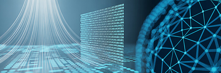 Digital data streams and binary code create a futuristic technology background with a network globe ideal for illustrating concepts like cybersecurity big data and artificial intelligence