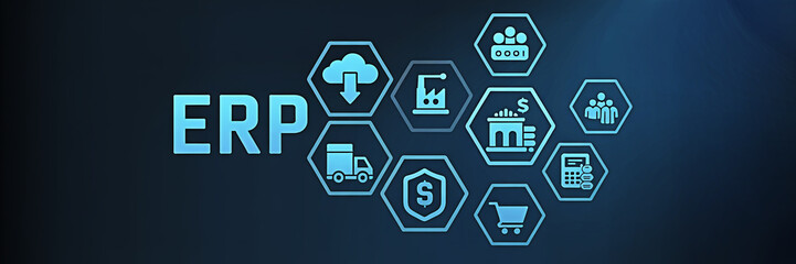 Erp system concept with icons representing cloud computing manufacturing finance supply chain and customer relationship management on a dark blue background for business solutions