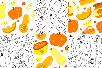 Set of cute seamless patterns with hand drawn flat and outline pumpkin jam, pie, soup, leaves, butternut squash, hearts, pumpkin slices. Seasonal warm autumn backgrounds.