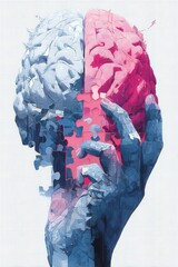 Abstract illustration of a hand completing a brain-shaped puzzle