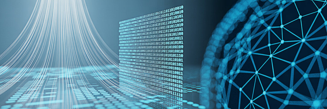 Digital data streams and binary code create a futuristic technology background with a network globe ideal for illustrating concepts like cybersecurity big data and artificial intelligence - Powered by Adobe