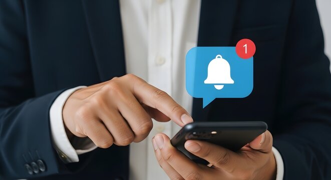 A person in a suit using a smartphone, with a notification icon appearing on the screen, symbolizing alerts and communication