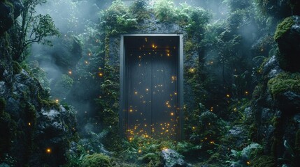 Naklejka premium Doorway in lush foliage has subtle specks of light. The frame is surrounded by moss and ferns. AI.