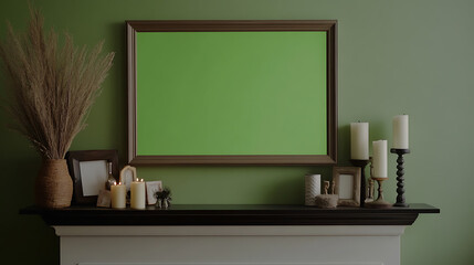 An elegant fireplace mantel featuring a green screen in a wooden frame, flanked by decorative candles, picture frames and a textured vase with pampas grass, against a neutral green wall.