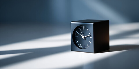 Minimalist black cube clock showing time with shadows on smooth surface in soft natural light