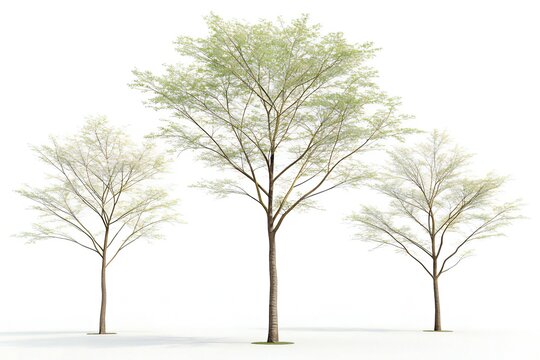 Three trees with sparse green and white foliage on white background