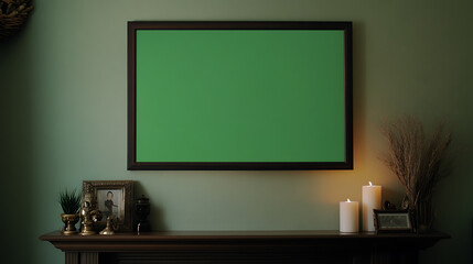 Green screen above a fireplace mantel adorned with vintage trinkets, antique frames, and soft candle light. Great for compositing custom content.