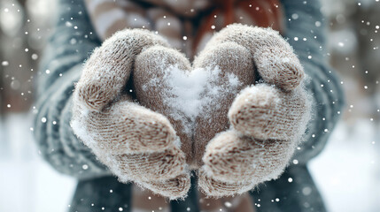 Close-up of person’s hands in wool gloves holding snow heart, blurred snowy background, natural daylight, emotional cozy mood