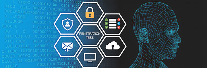 Cybersecurity penetration test concept with digital binary code security icons and a wireframe head representing data analysis and threat detection in a modern technology environment