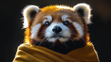 Obraz premium Red panda looking at the camera with a yellow fabric draped on its body against a dark background. AI.